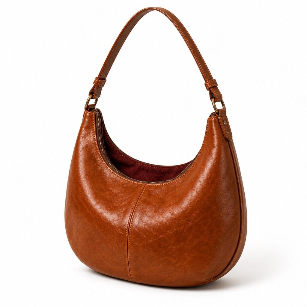 Classic curved brown leather hobo with a top zip closure, a long adjustable strap and gold-tone strap rings.