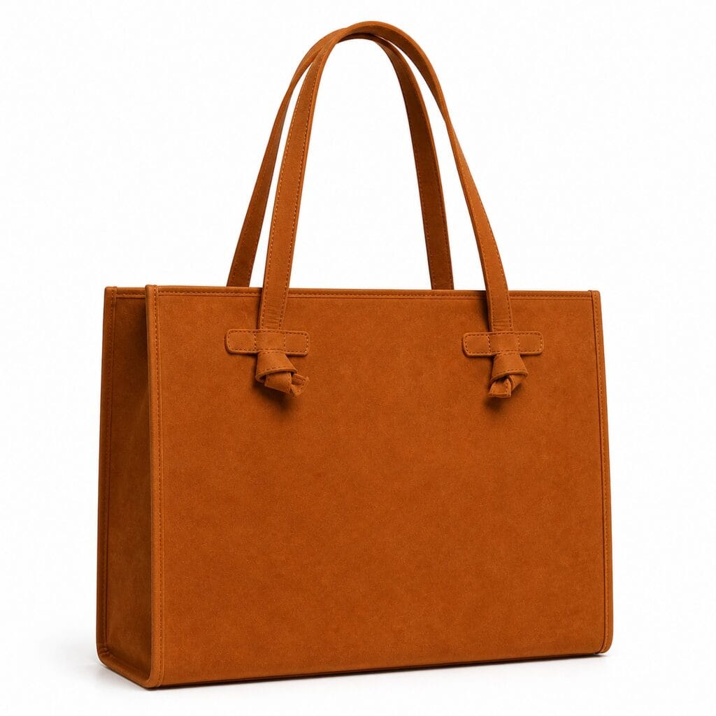 Oversized camel suede tote with straight sides, a flat base, an open top and long double handles finished with knotted suede tabs.