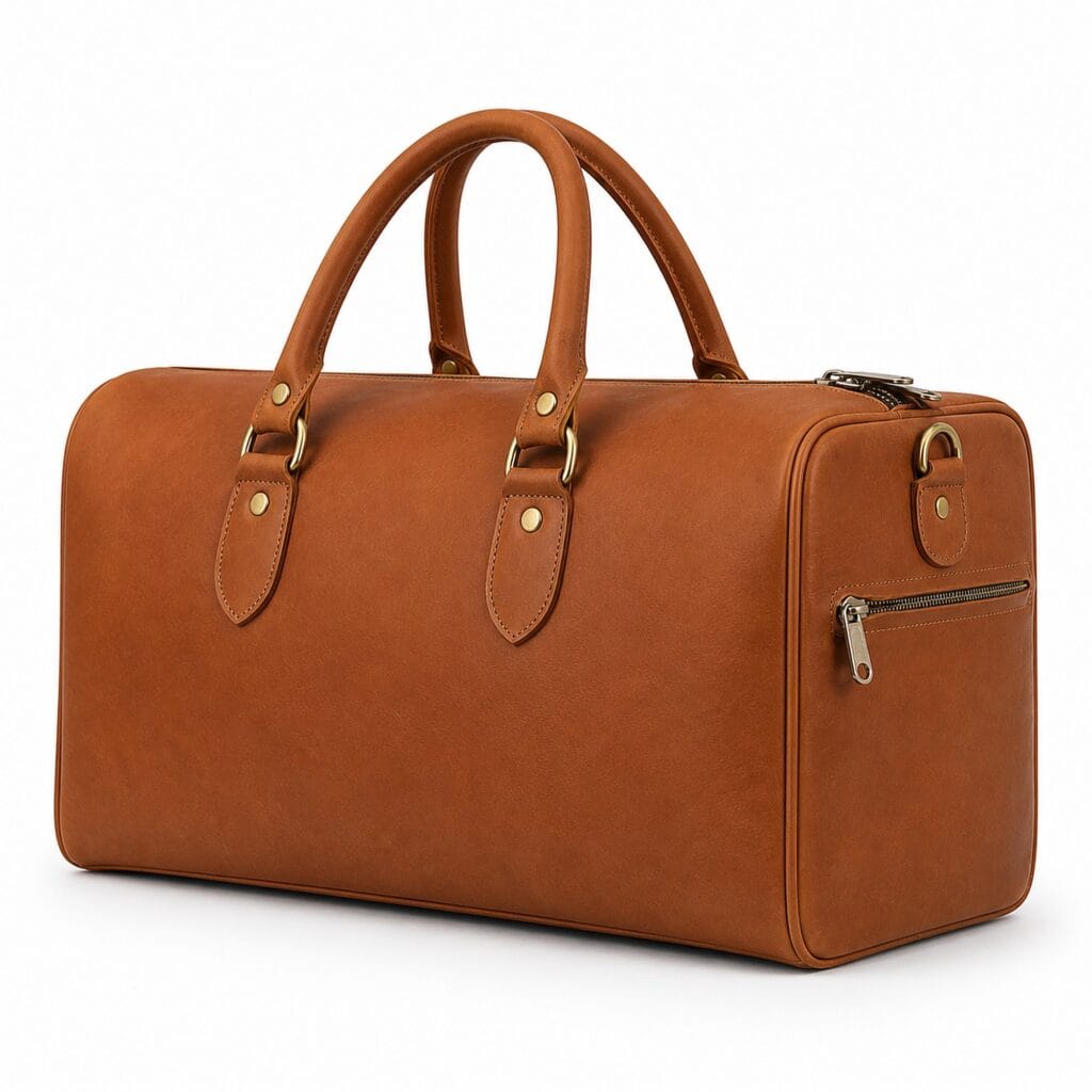 Cognac full-grain leather weekender duffel with a horizontal cylindrical body, rolled leather top handles and a full-length top zip, shown three-quarter on white.