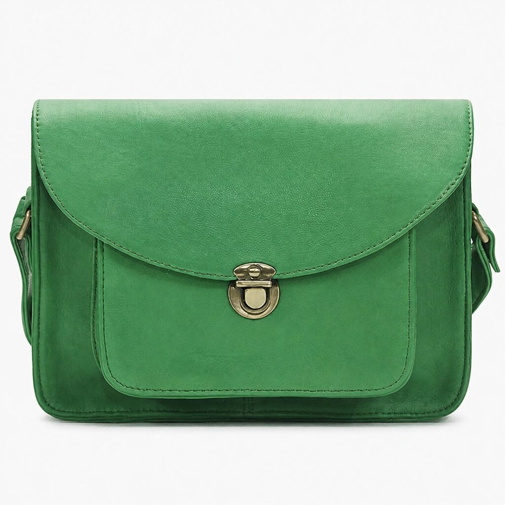 Meadow green leather crossbody satchel with a rounded flap and antiqued brass push-lock, shown front-on against a plain studio background.