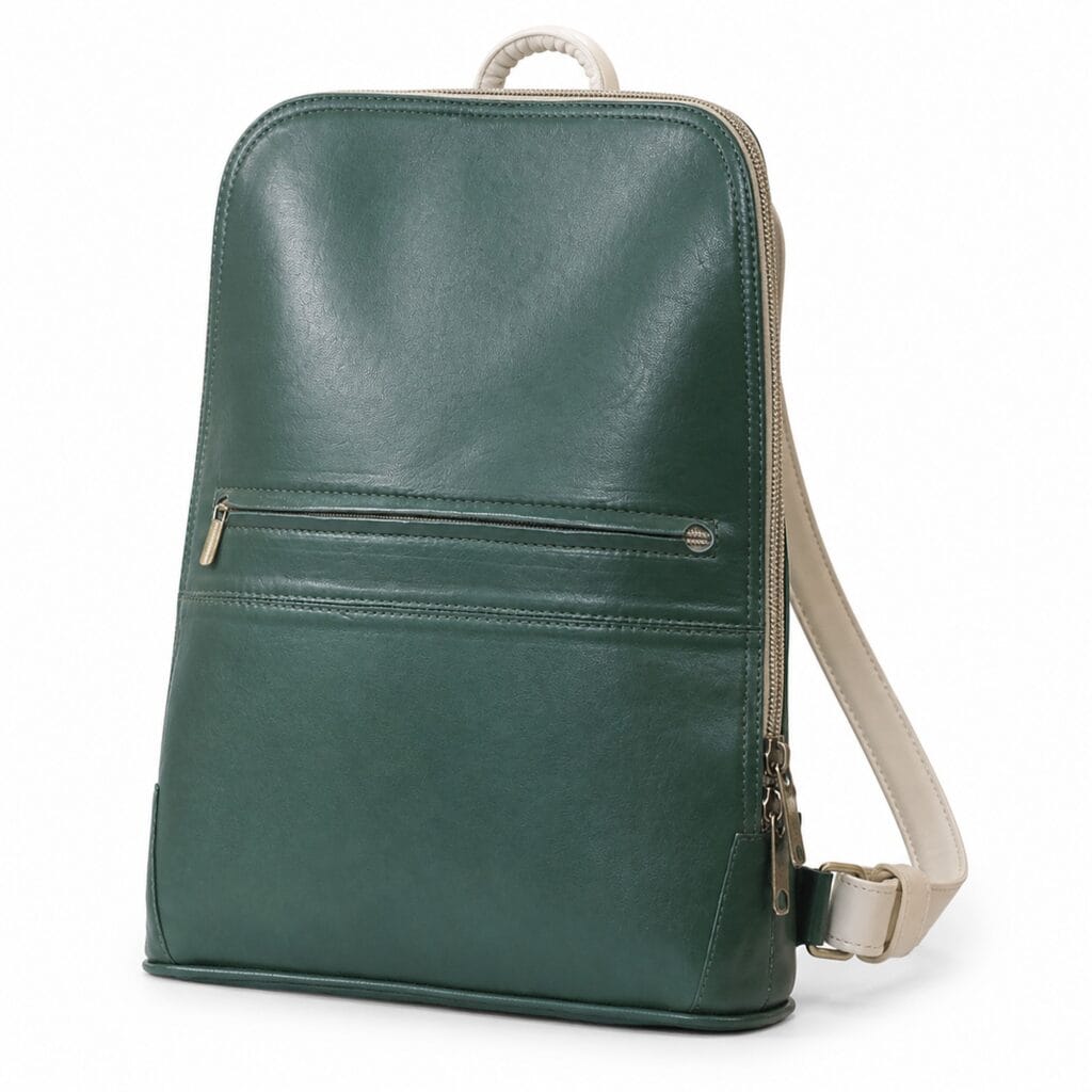 Forest green full grain leather laptop backpack at a three-quarter angle, showing the slim vertical body, the cream leather shoulder strap and the front zip pocket.