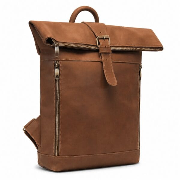 Large brown leather roll-top backpack with a buckled front strap, two vertical front zip pockets and a padded top handle.