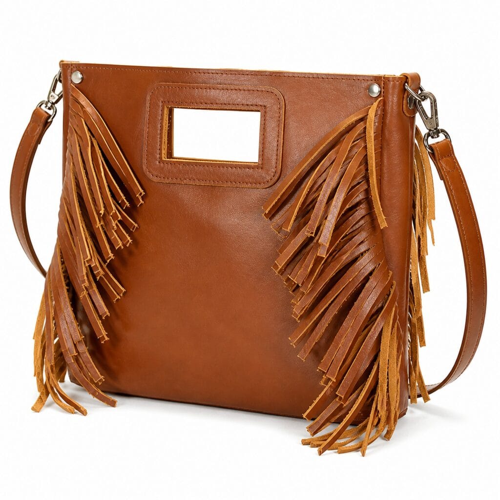 Brown leather fringe bag with a flat rectangular body, hand-cut fringe down both side panels, an integrated cutout handle and a long detachable strap.
