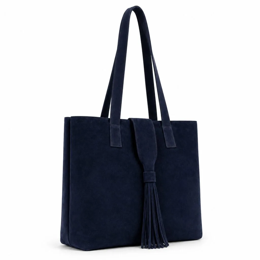 Oversized navy blue suede tote bag with straight sides, a flat base, an open top, long double shoulder handles and a long suede tassel on the front tab.