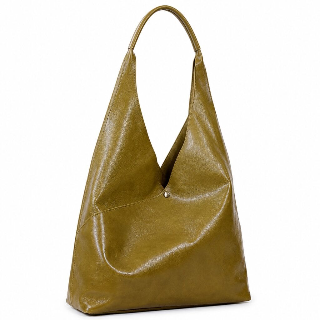 Slouchy olive green leather hobo with a semi-glossy finish and an integrated strap cut from the same piece as the body.