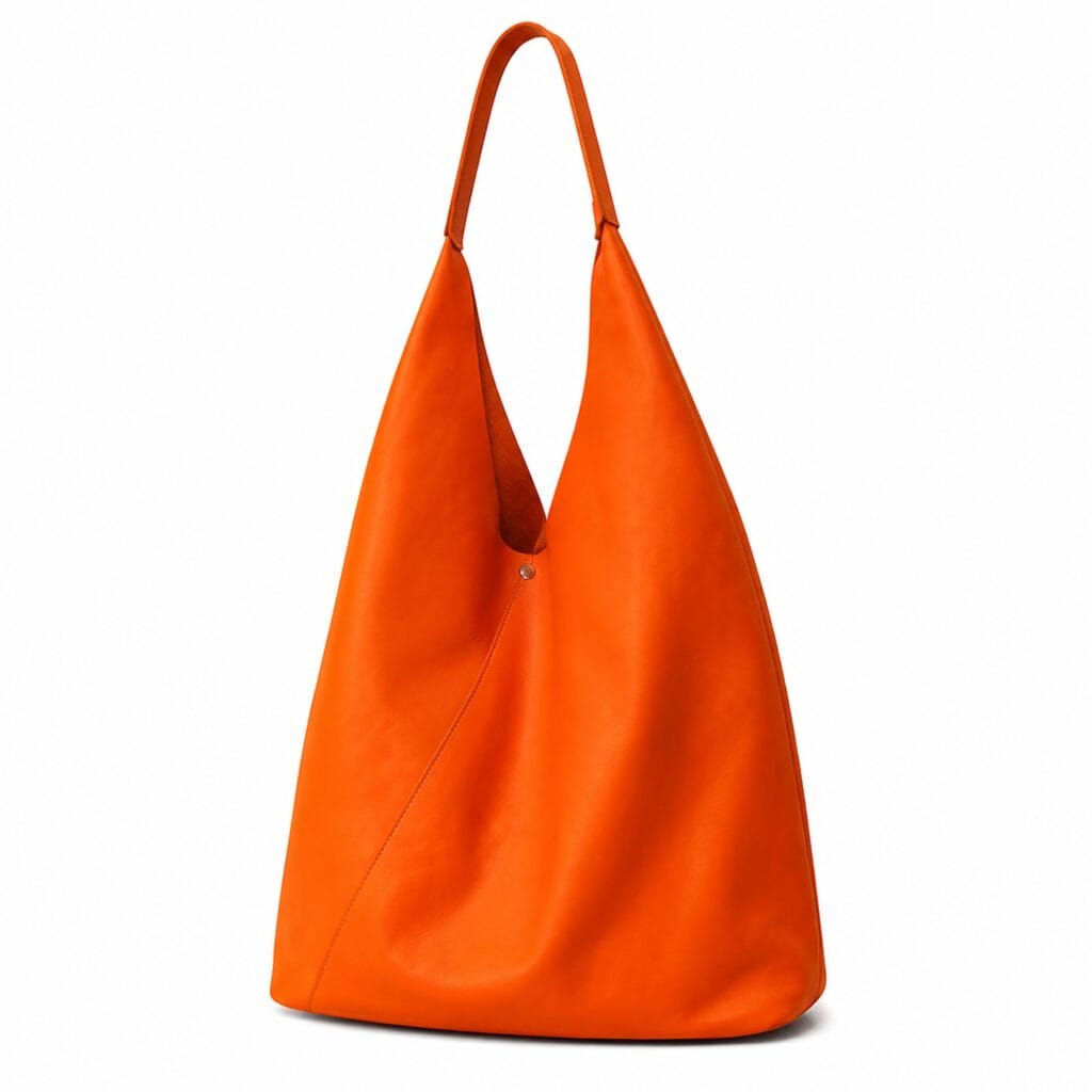 Slouchy orange leather hobo bag with an integrated seamless strap, photographed three-quarter on white.