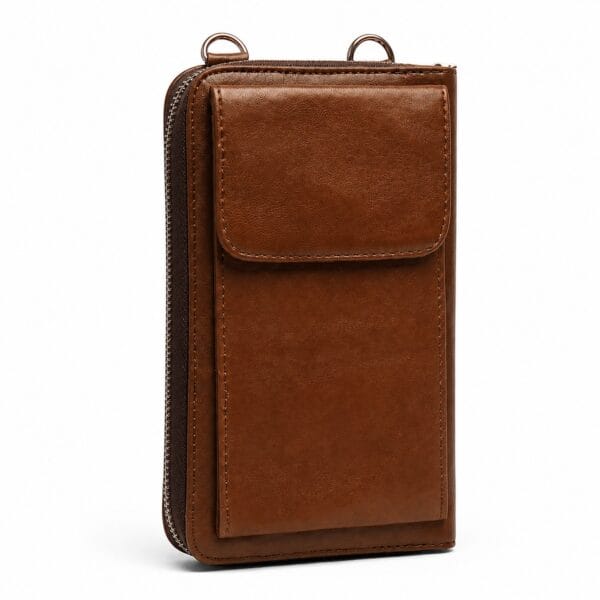 Slim vertical chocolate brown leather phone bag with a front flap pocket, a zip-top main compartment and a detachable strap.