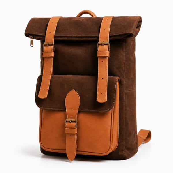 Two-tone roll-top backpack in dark brown suede with smooth tan leather straps, flap and trim, closed with two buckled straps.