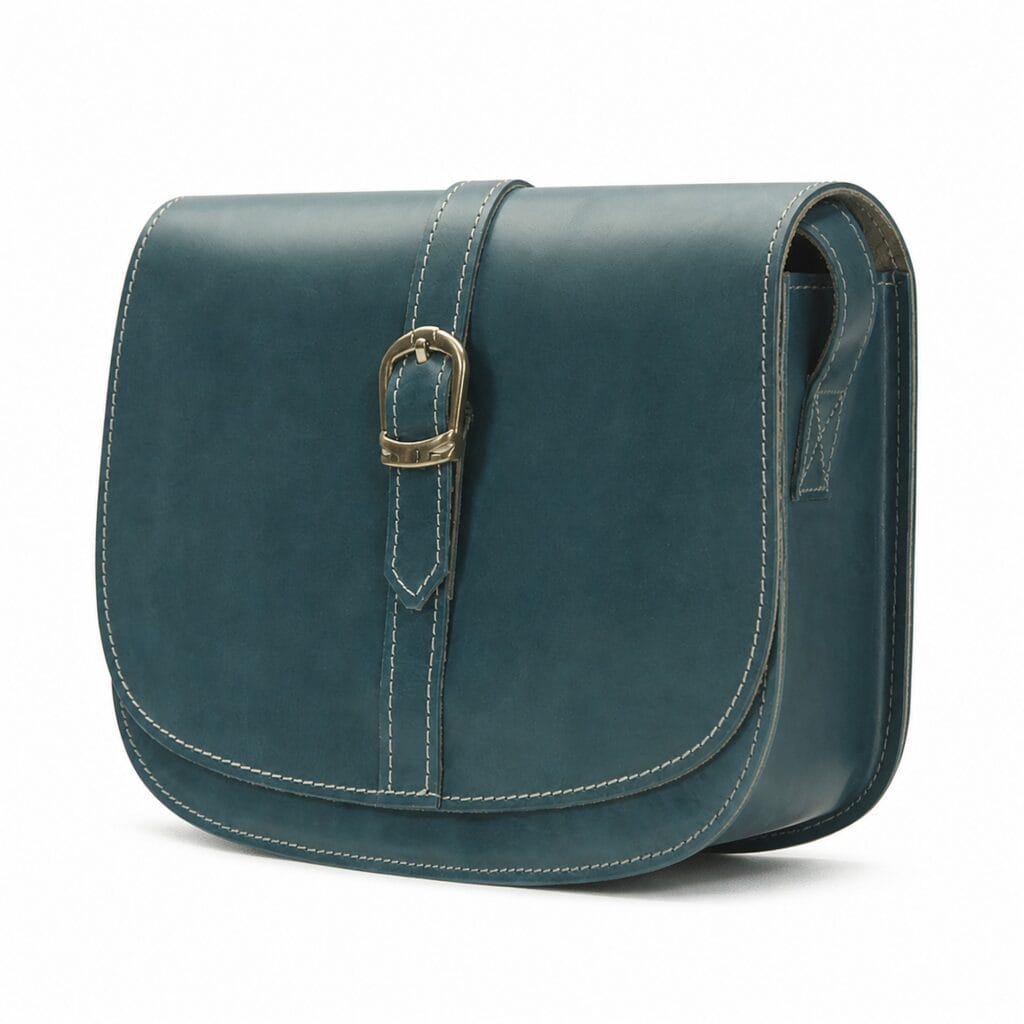 Deep teal leather saddle bag at a three-quarter angle, showing the rounded saddle silhouette, the gold-tone buckle strap and the cream contrast stitching.