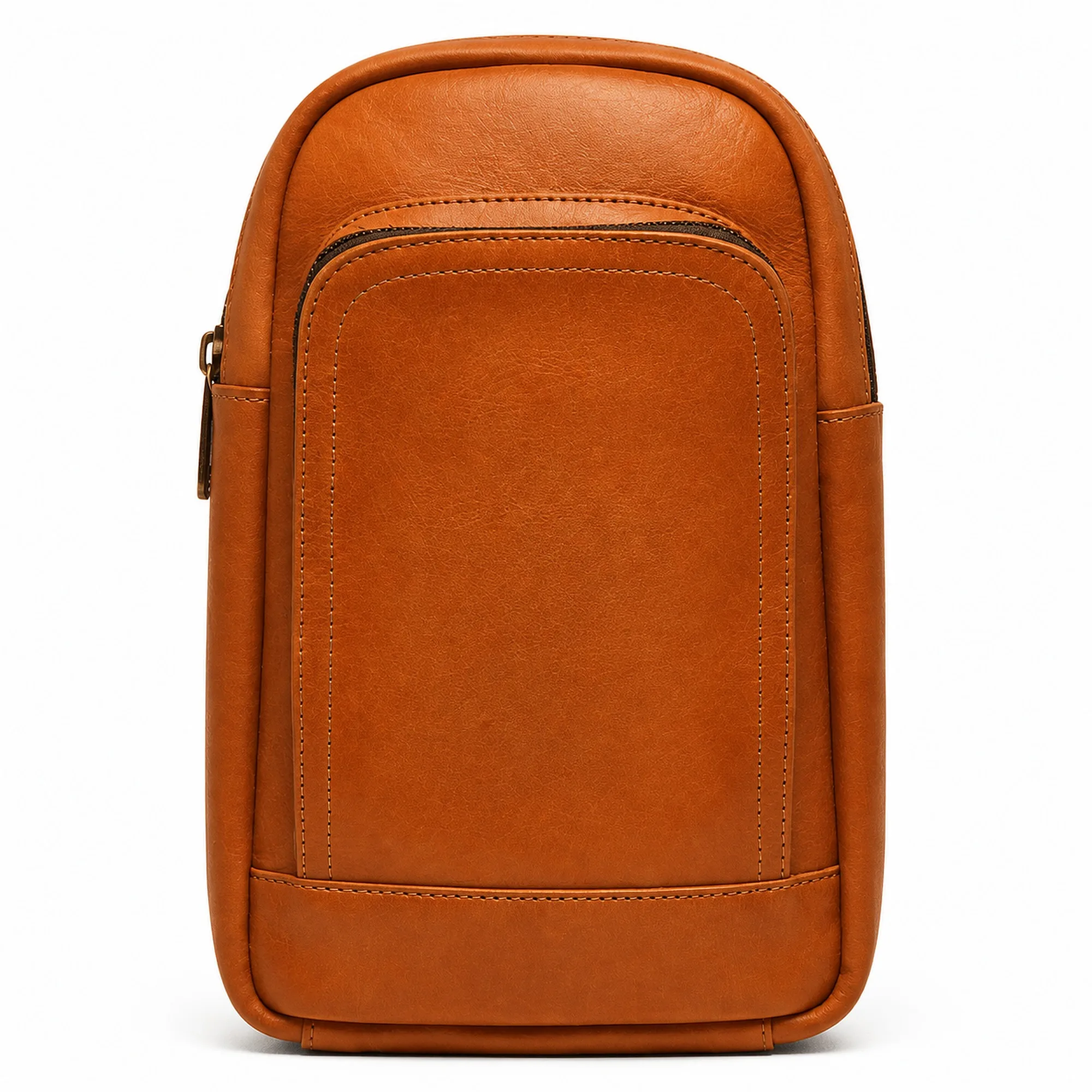 Straight-on front view of the cognac leather sling bag showing the raised front zip pocket panel and contrast stitching.