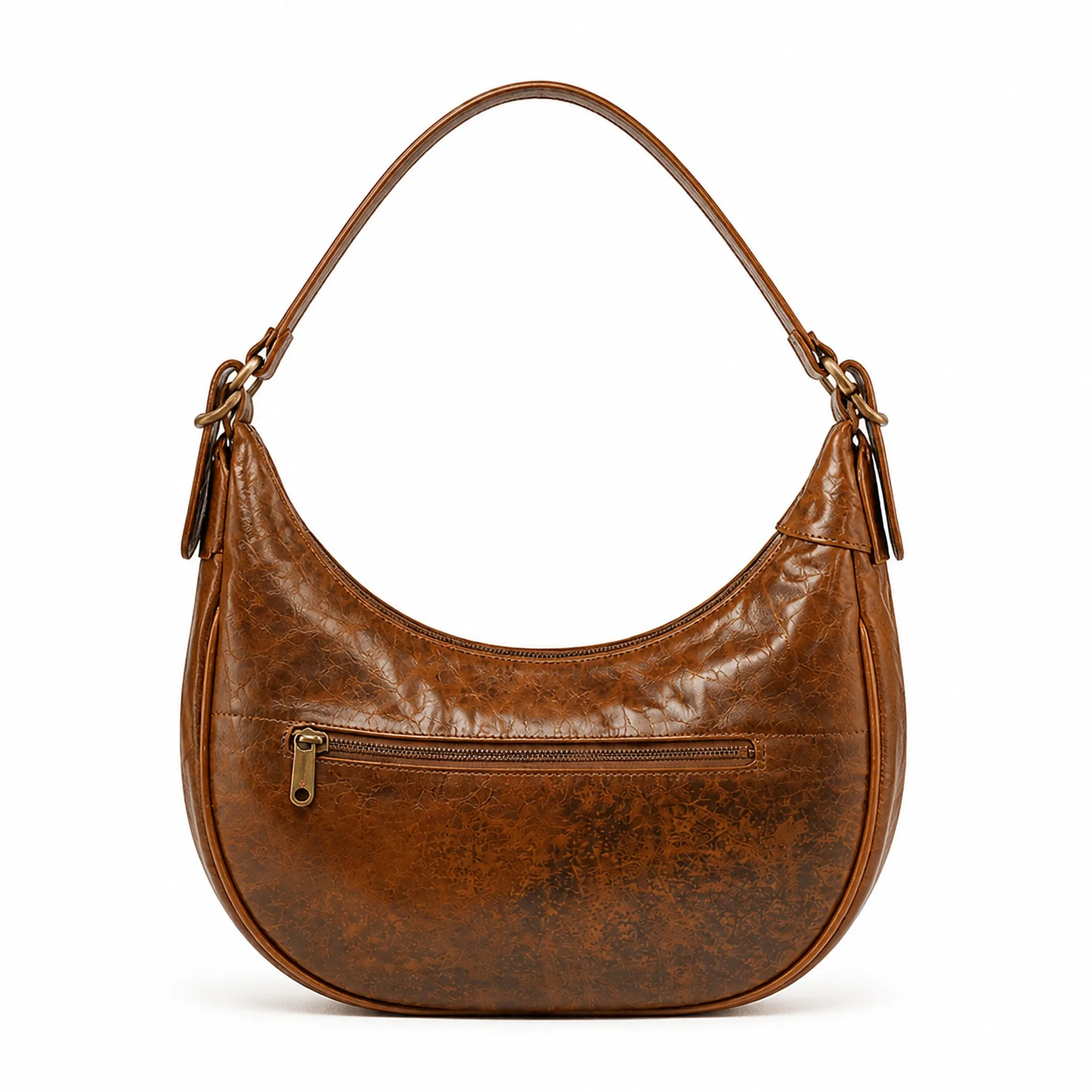Straight-on front view of the crescent hobo showing the curved panel seams and the front zip pocket.