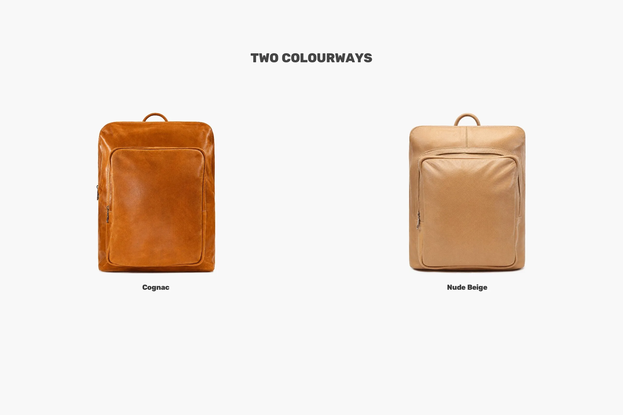 Both colourways of the leather laptop backpack side by side: Cognac with silver hardware and Nude Beige with gold hardware.