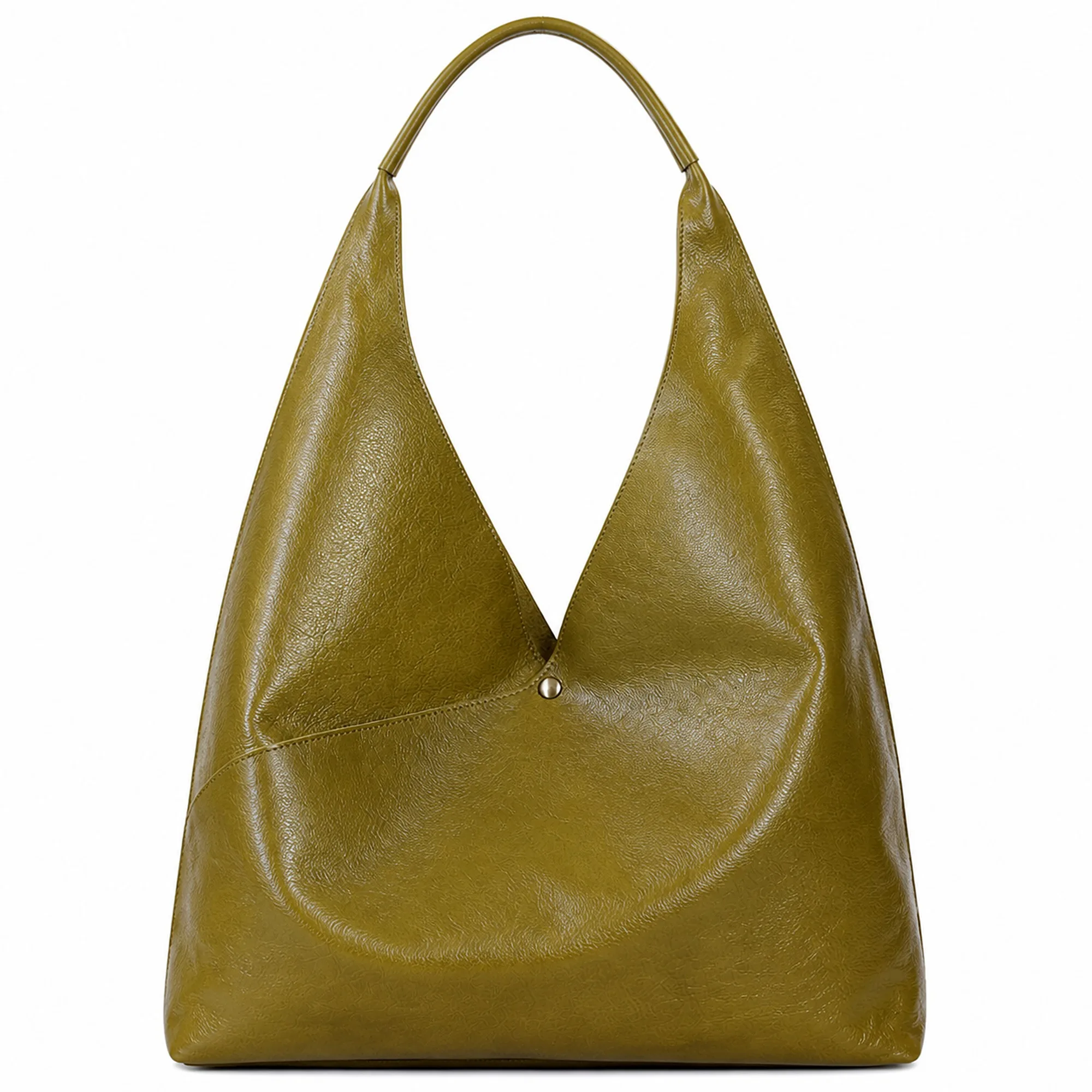 Straight-on front view showing how the handle and body are one continuous piece of leather.