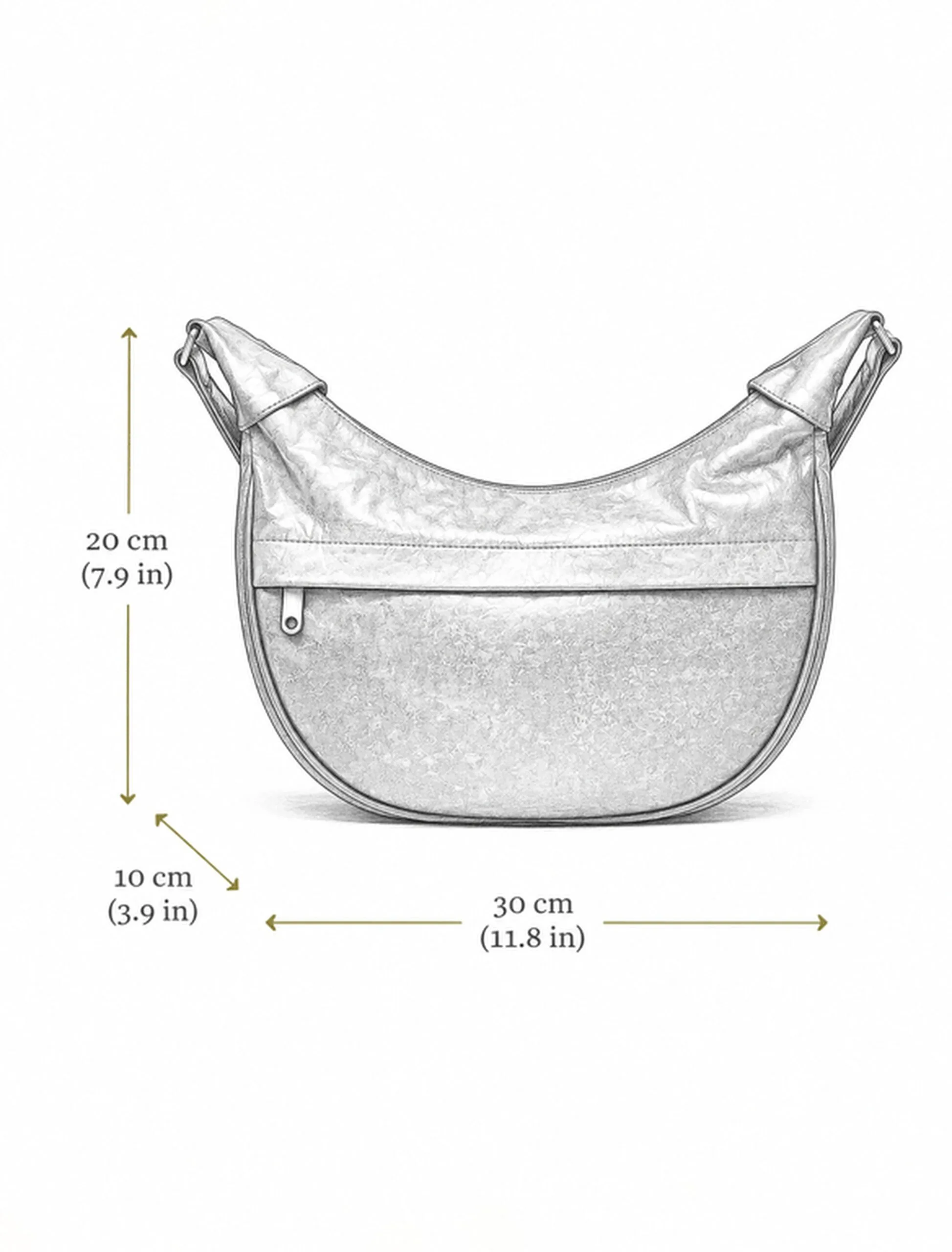 Dimension diagram for the crescent leather hobo bag: 20 cm high, 30 cm wide and 10 cm deep (7.9 x 11.8 x 3.9 in).