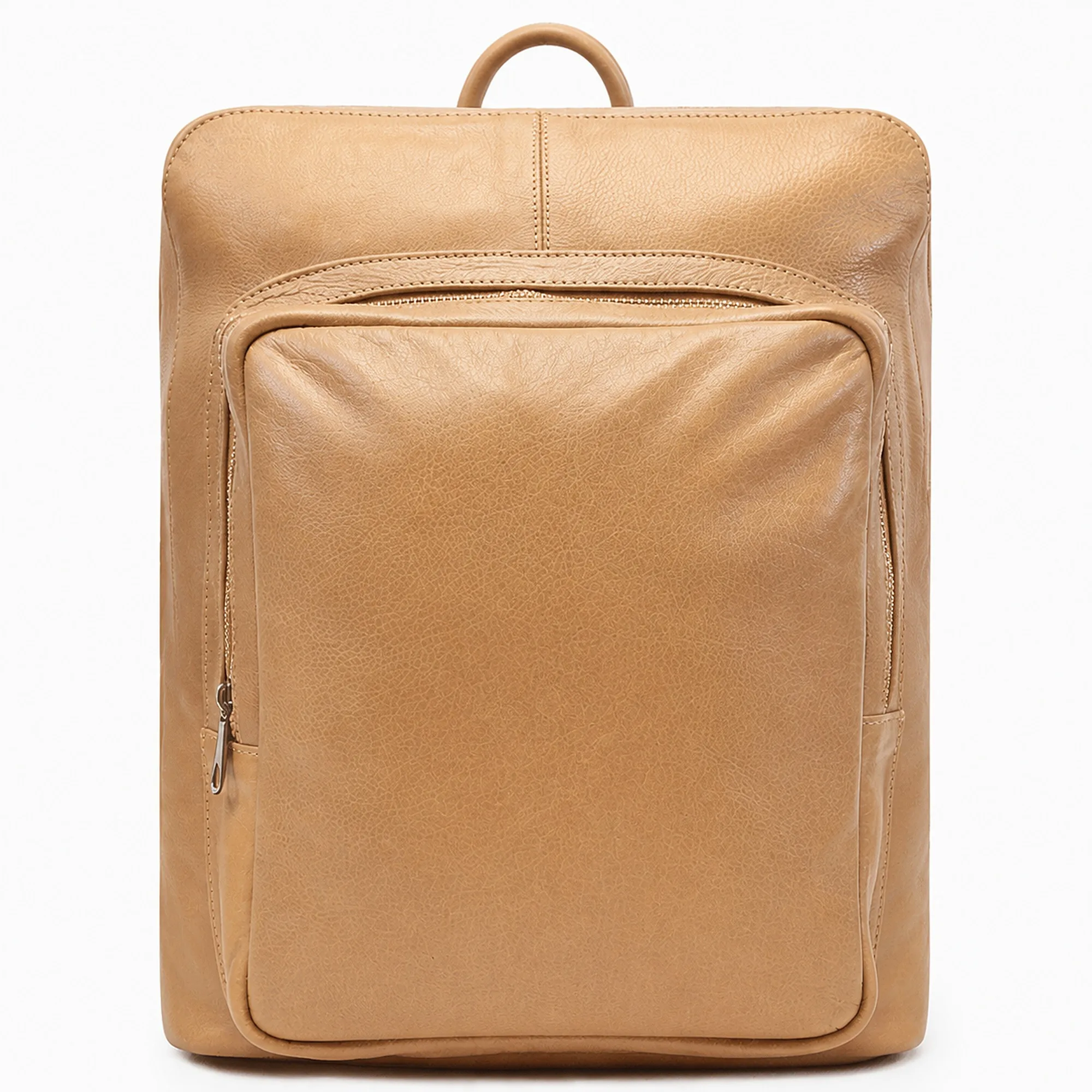 The nude beige colourway of the leather backpack, a soft neutral in pebbled full-grain leather with gold-tone zips.