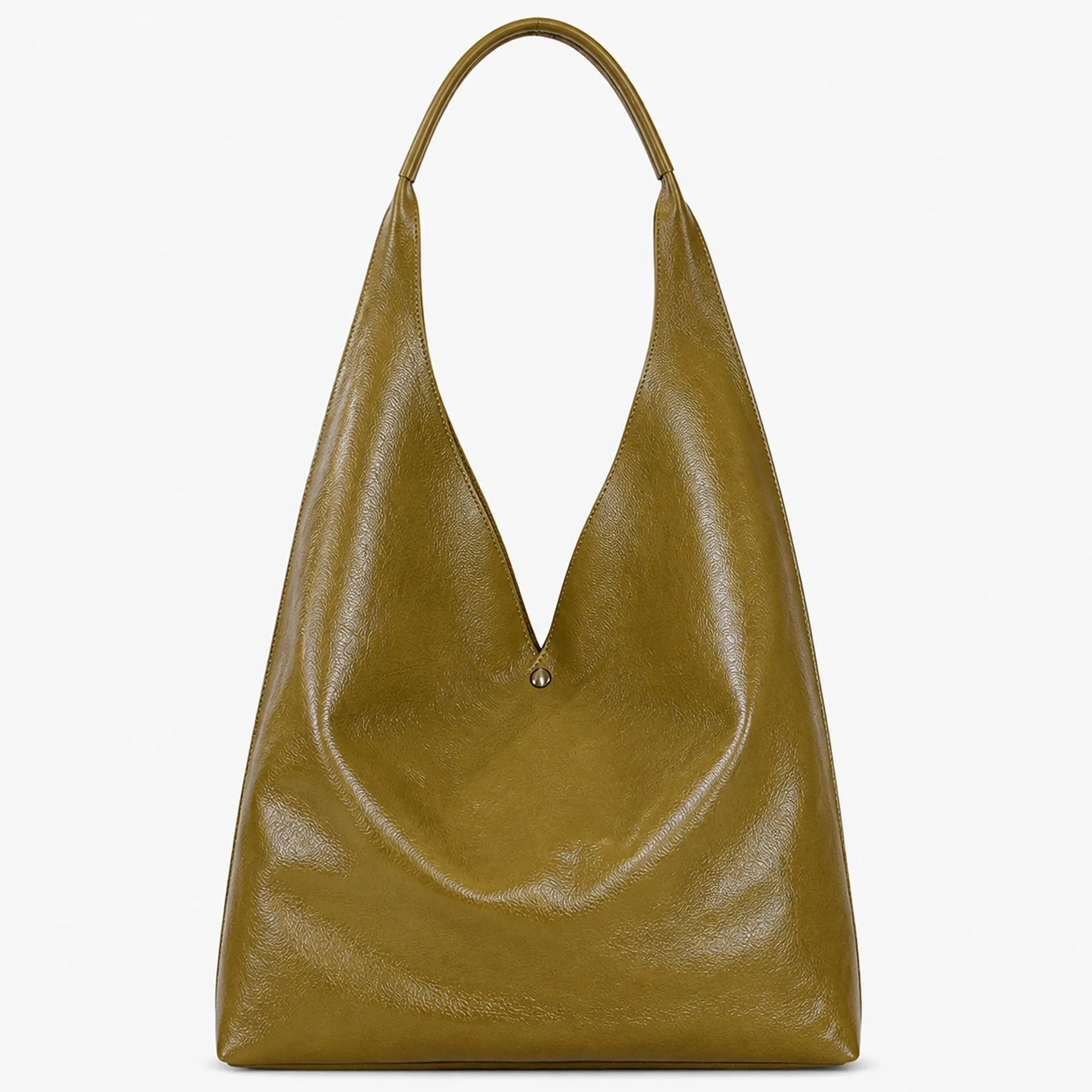 Back of the olive green hobo with the centre seam and the gold magnetic snap at the top.