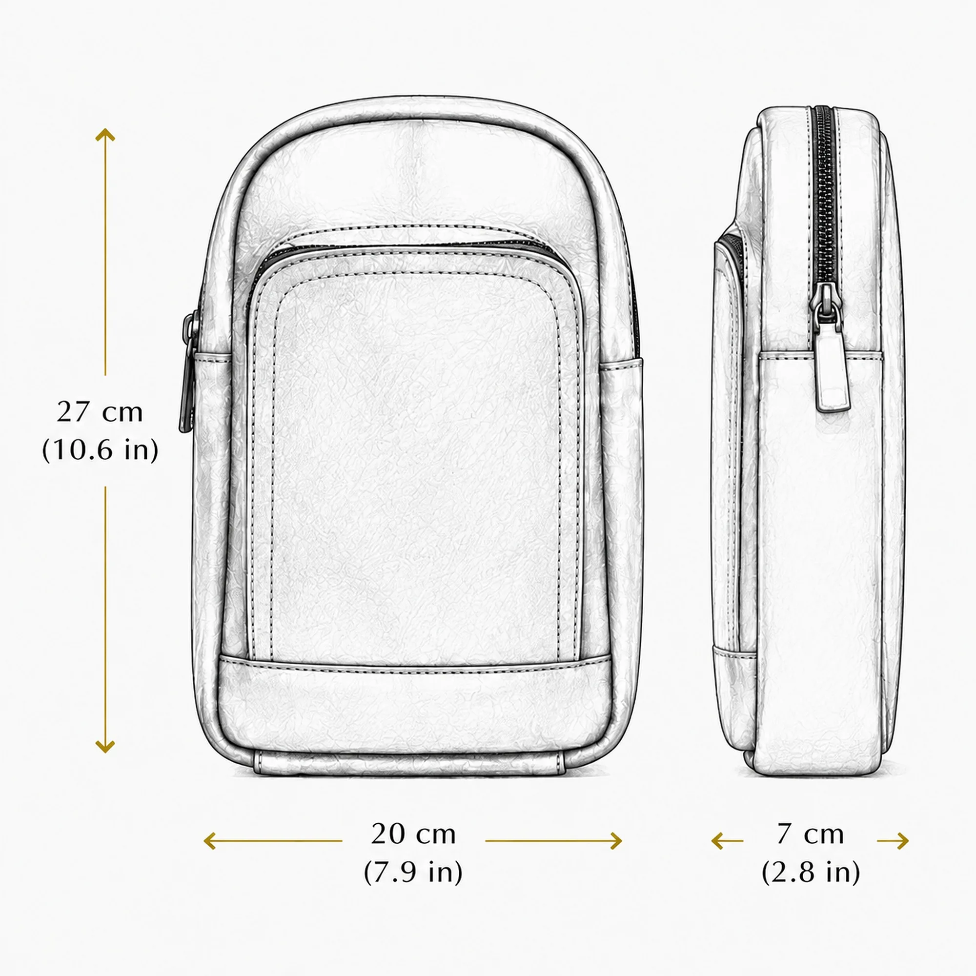 Dimension diagram for the leather sling bag: 27 cm high, 20 cm wide and 7 cm deep (10.6 x 7.9 x 2.8 in).