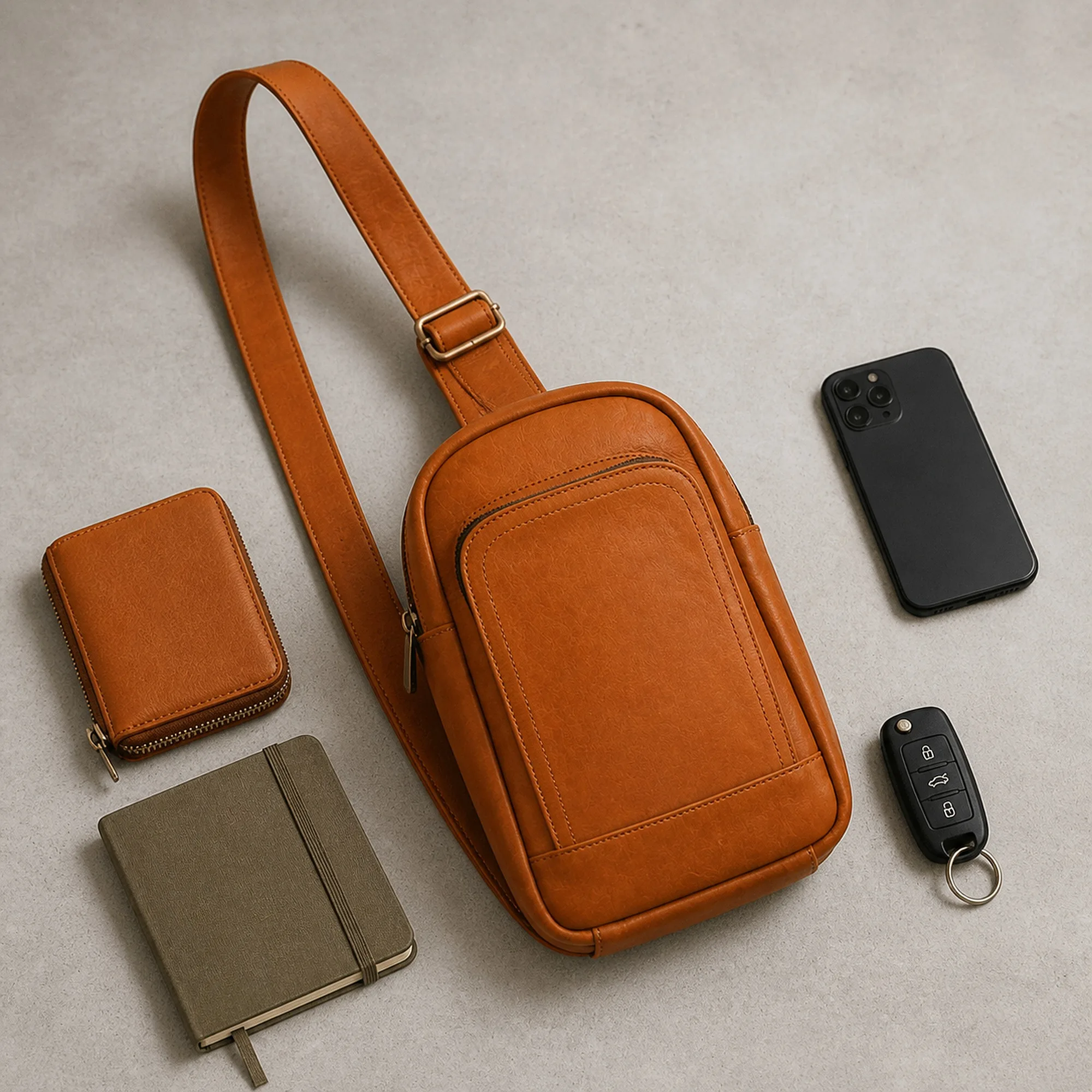 The cognac leather sling bag beside a smartphone, keys, a cardholder and earbuds so its compact size is easy to judge.