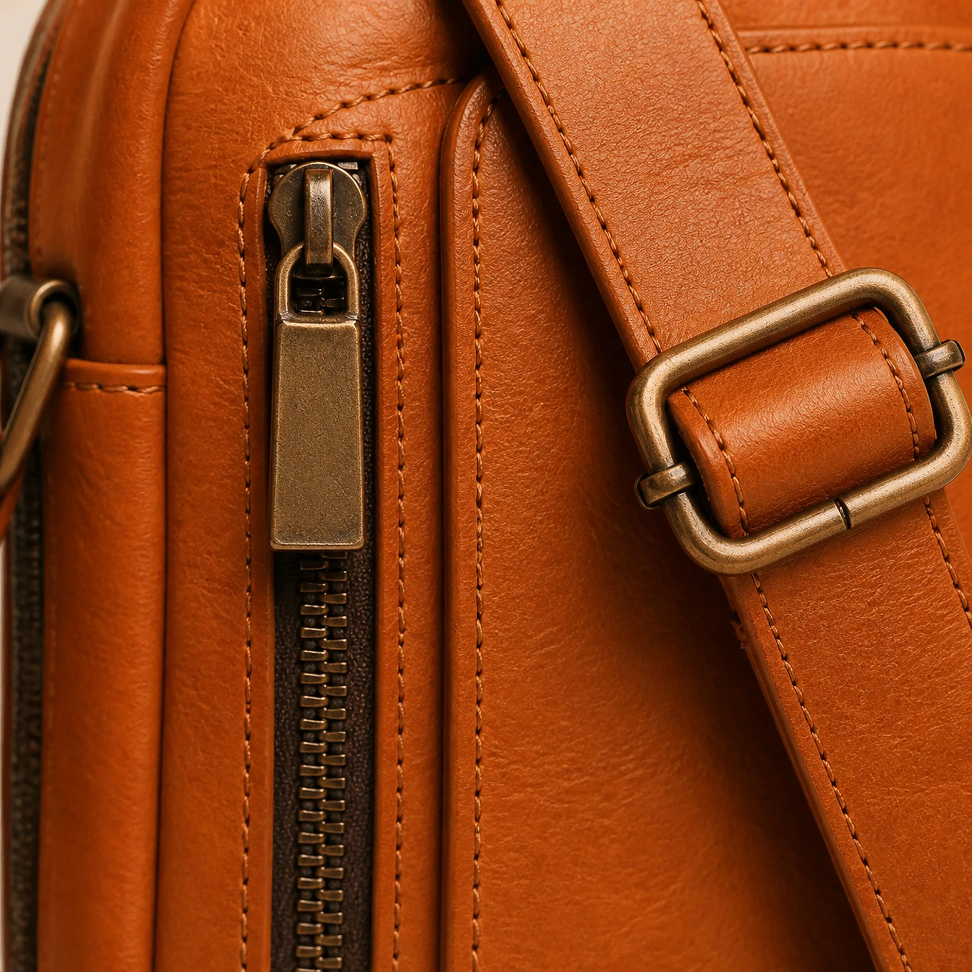 Macro of the sling bag's dark-tone zip, antique brass strap slider and the clean contrast stitching along the panel edge.