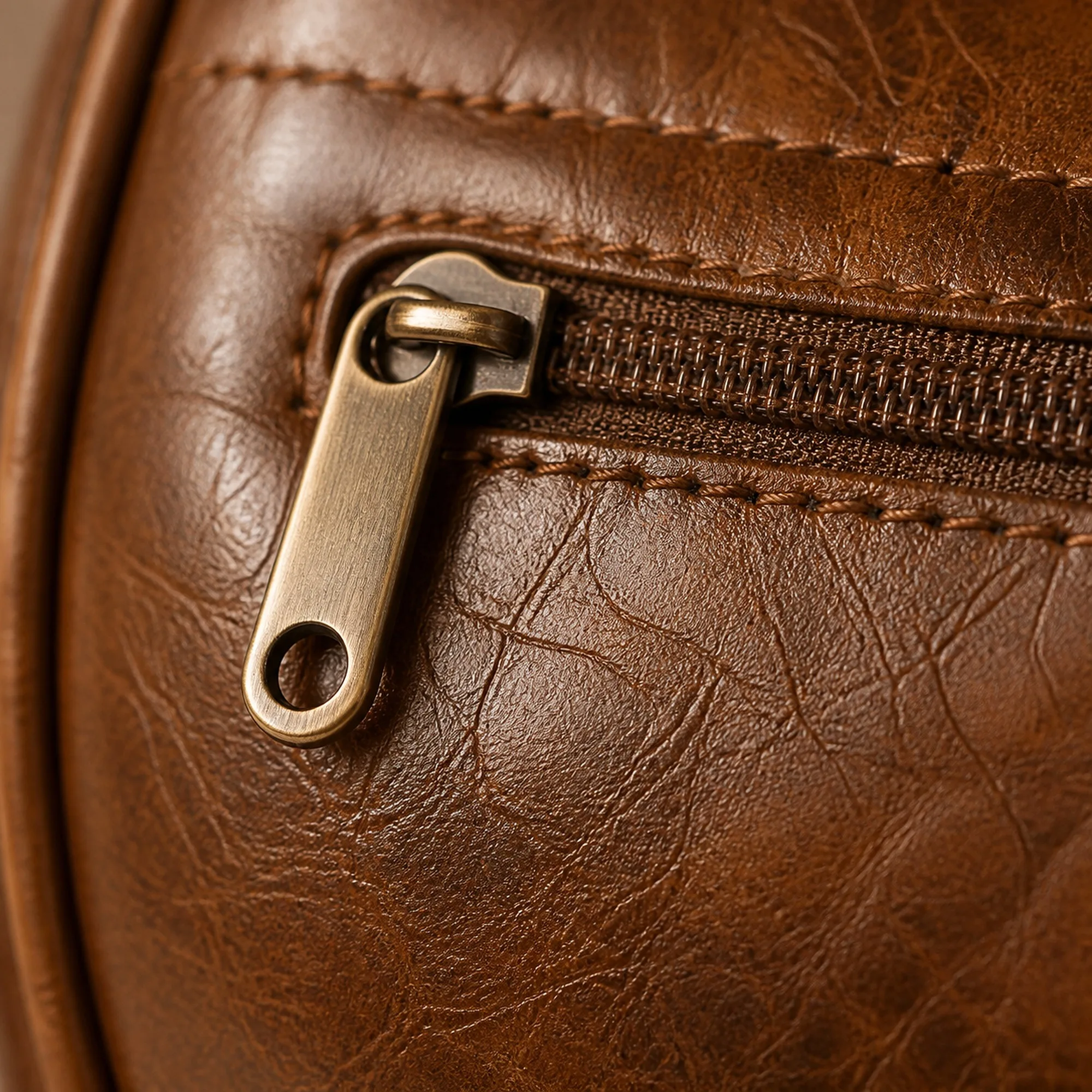 Macro of the gold-tone zip pull against the mottled, distressed caramel leather.