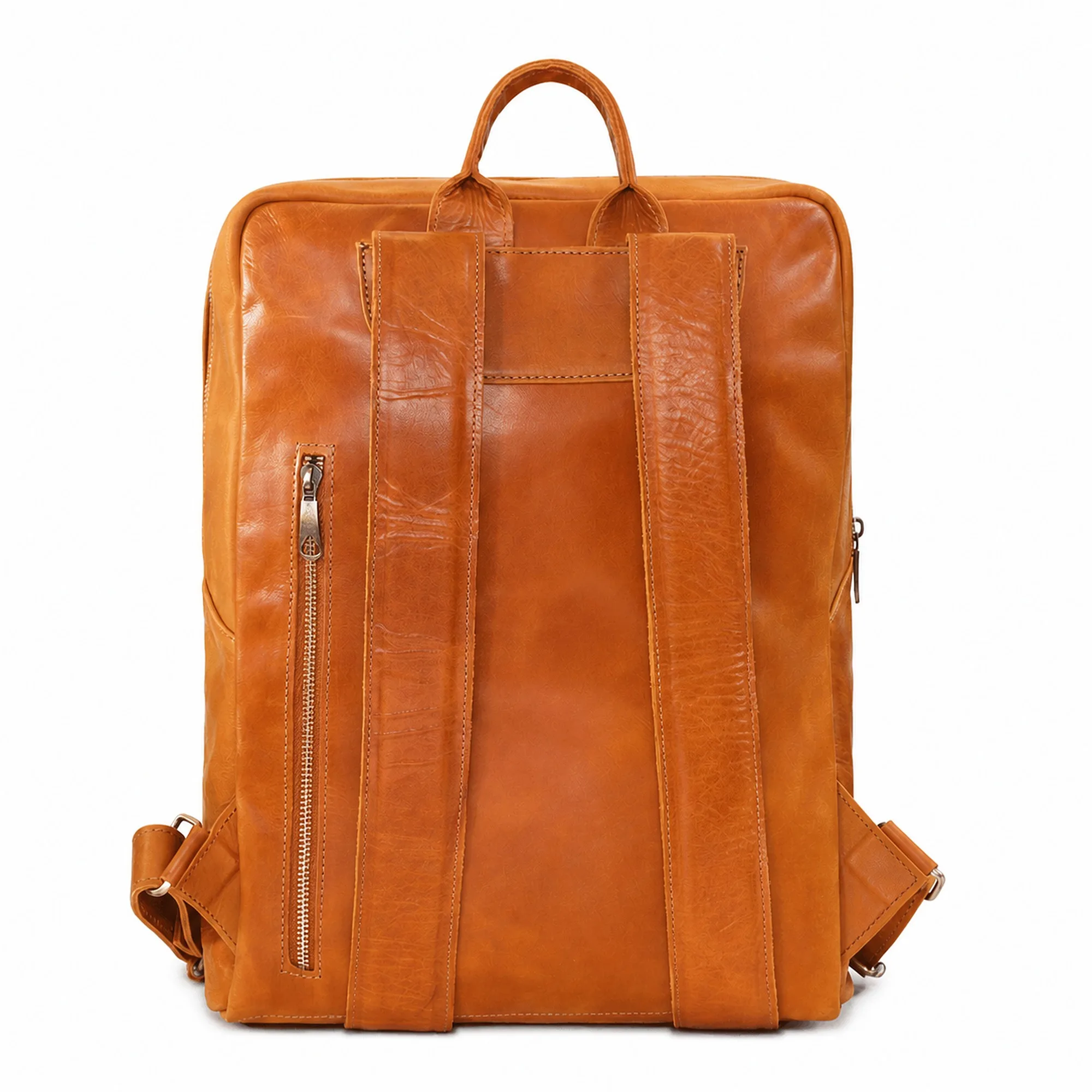 Back of the leather backpack showing the adjustable leather shoulder straps and the back panel.