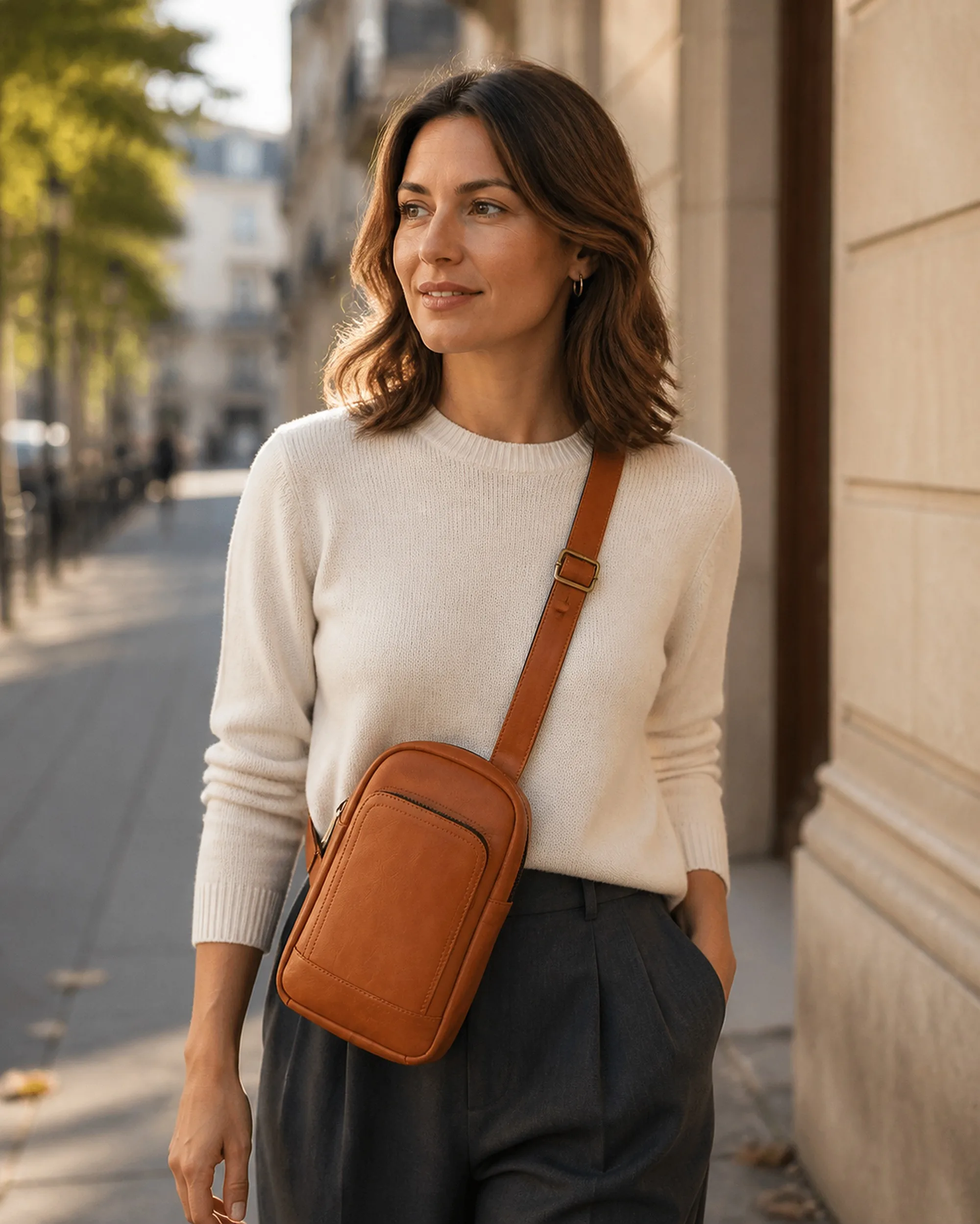 The cognac leather sling bag worn crossbody at the hip on a city street.
