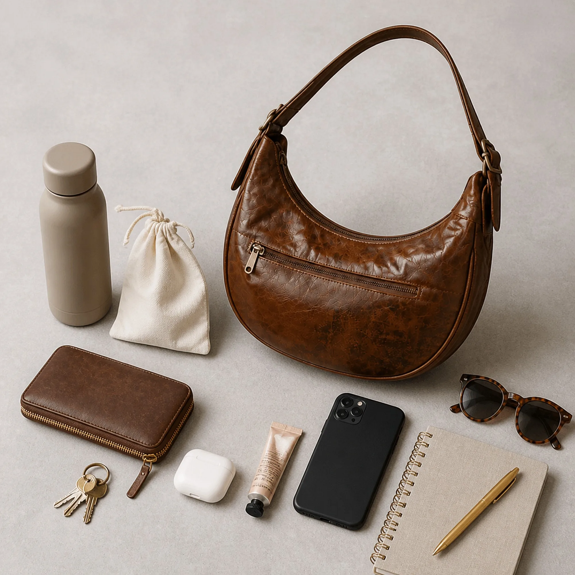 The crescent hobo beside a bottle, a pouch, a wallet, keys, sunglasses, earbuds, a phone and a notebook so its size is easy to judge.