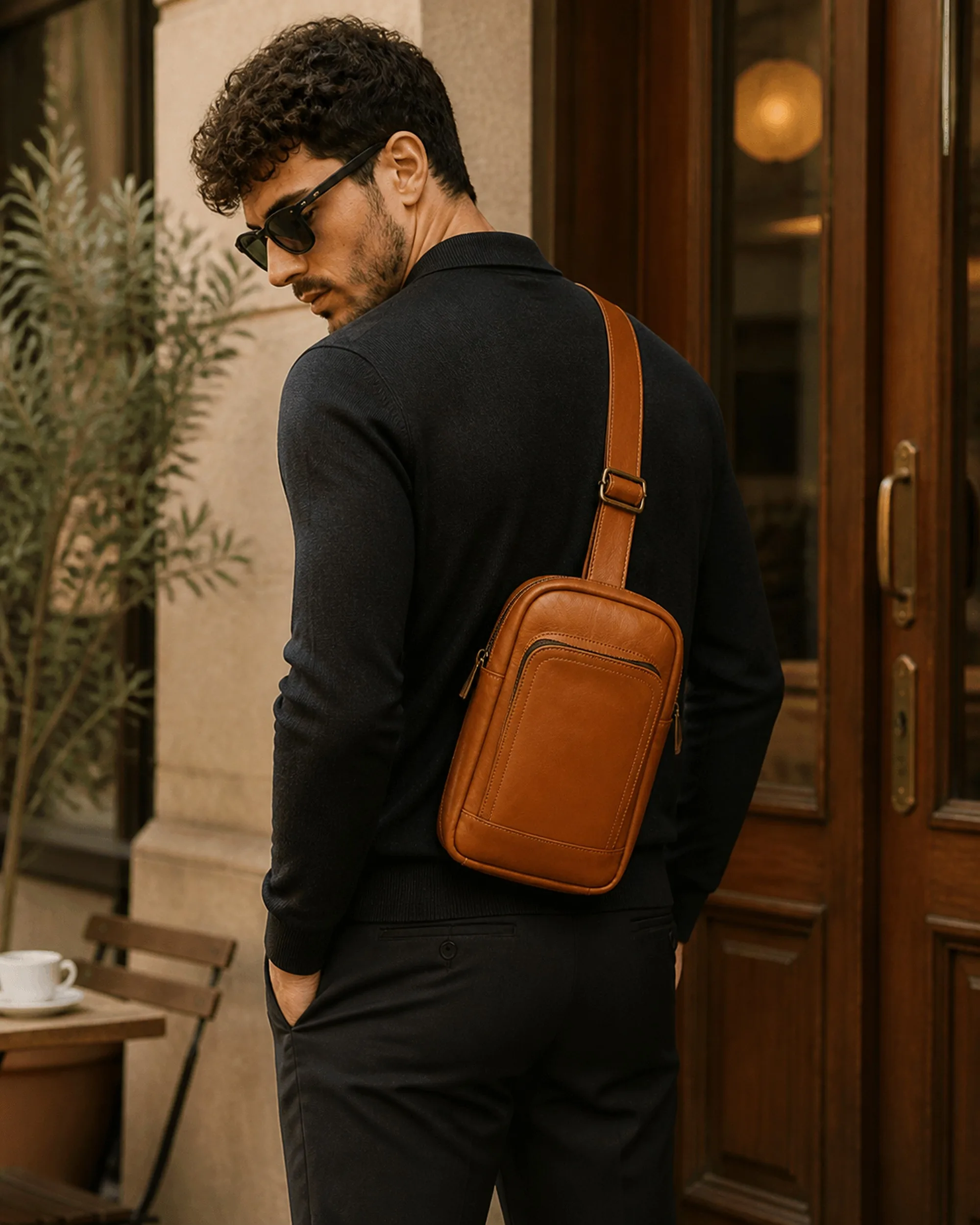 The cognac leather sling bag worn across the back, showing how the adjustable strap carries on either shoulder.