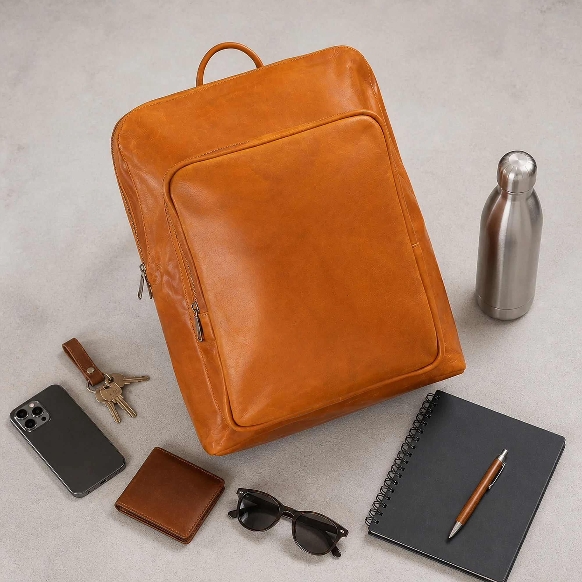 The leather backpack photographed beside a phone, a wallet, keys, sunglasses, a notebook and a water bottle so its size is easy to judge.