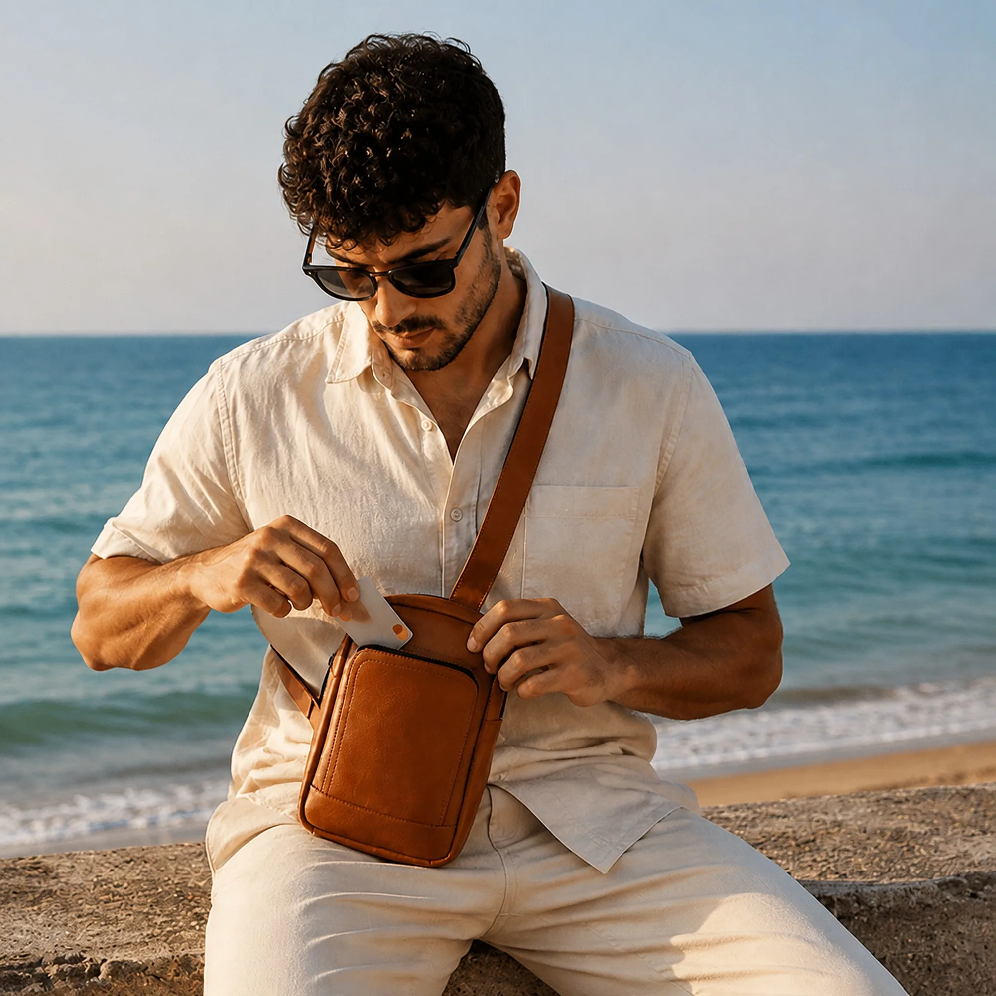 The cognac leather sling bag worn on the chest and being opened, showing the top zip in use.