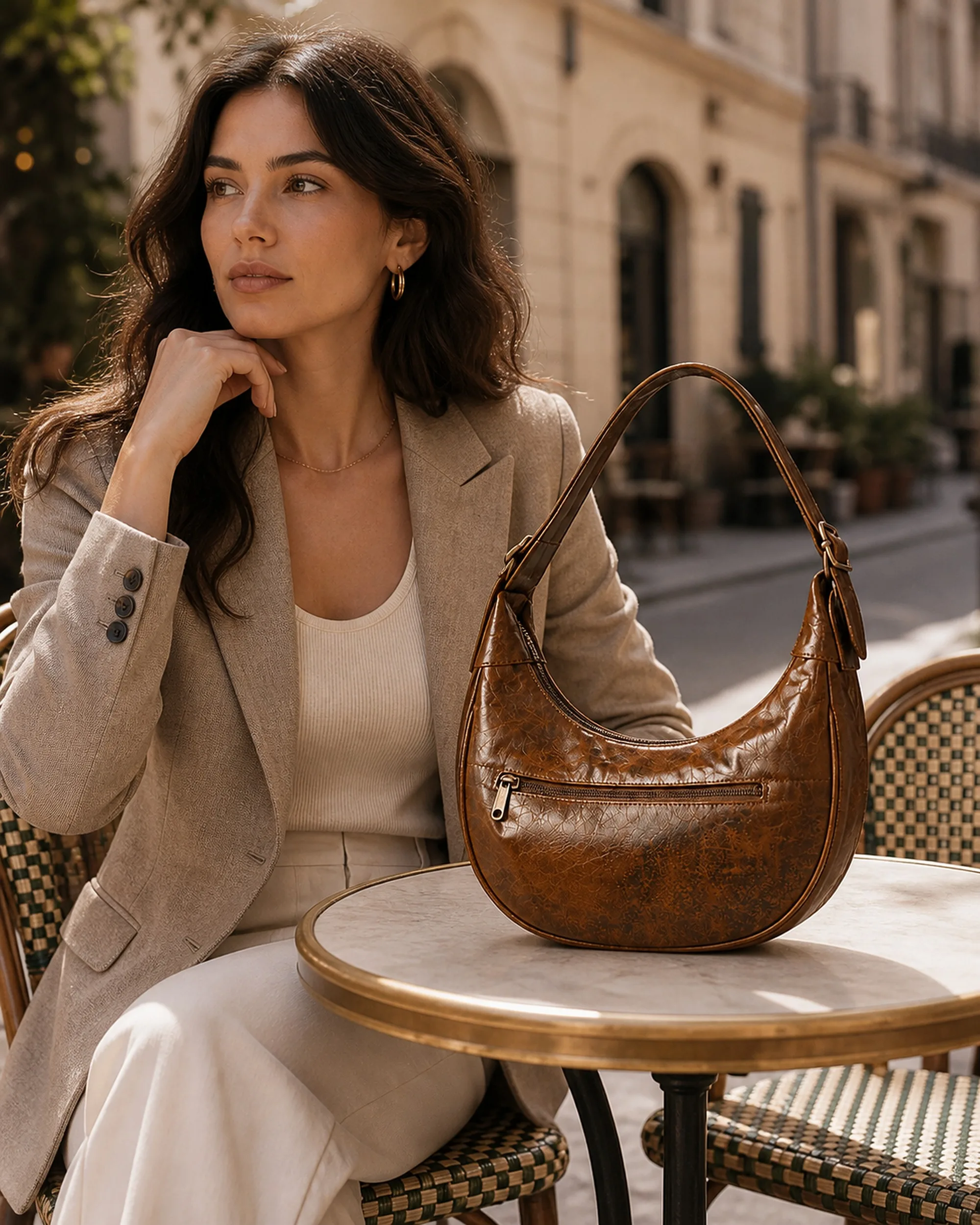 The crescent hobo on a cafe table showing the distressed finish in daylight.