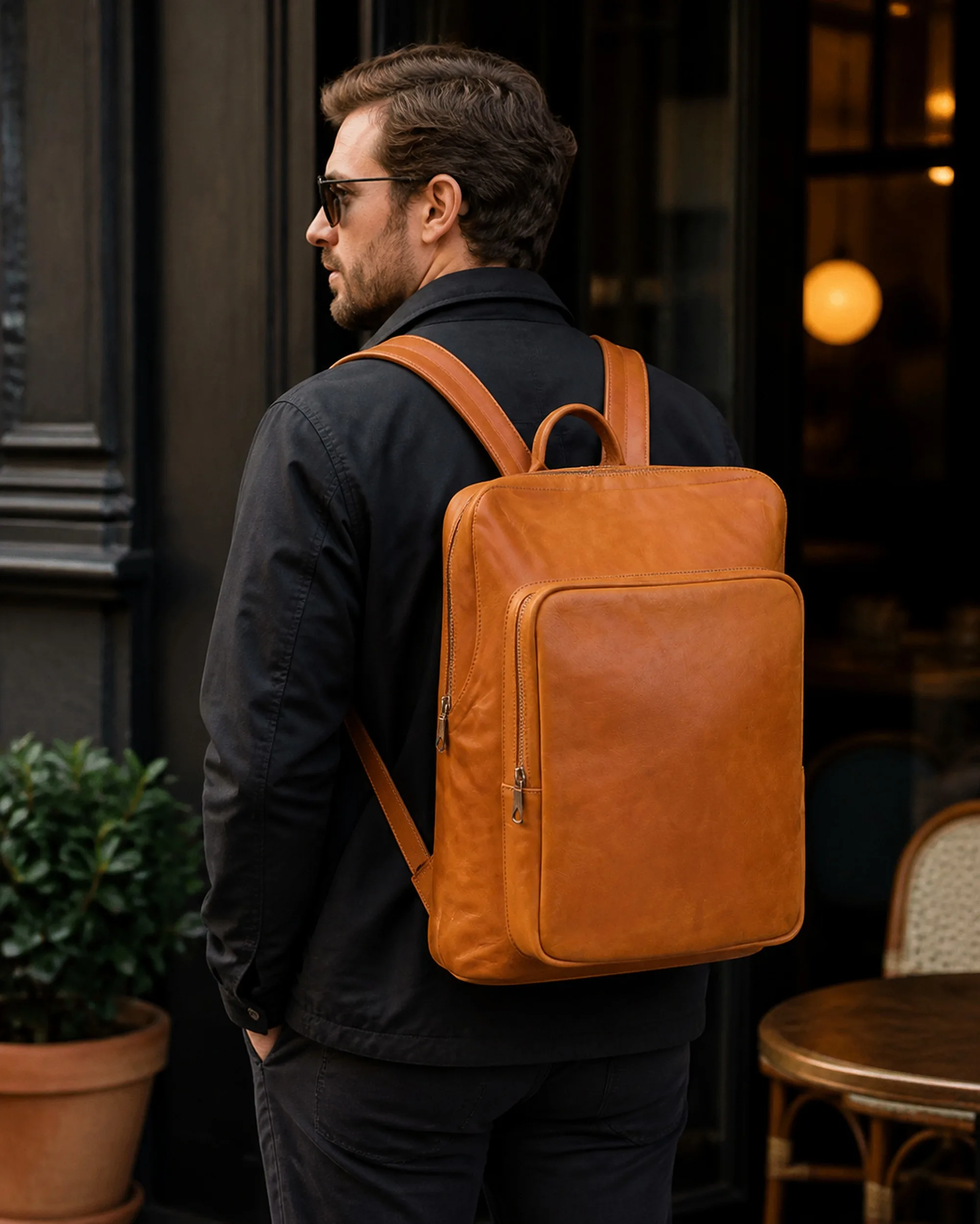 The cognac leather backpack worn on both shoulders outside a cafe, showing the slim vertical profile.